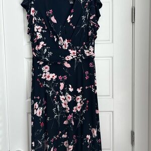 Navy Floral Ruffle Midi Dress